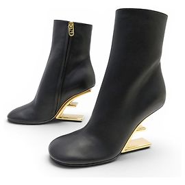 NEW FENDI FORCE 8T8230 BLACK LEATHER ANKLE BOOTS GOLD HEELS + BOOT BOX Black
