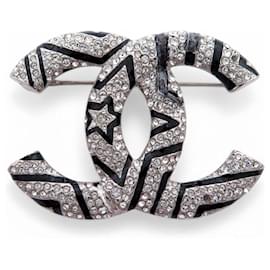NUOVO BROCHE CHANEL LOGO CC STELLA STRASS METALLO ARGENTATO SILVER STEEL Argento