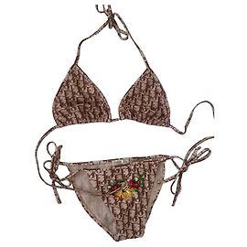 Conjunto de Biquíni Christian Dior Monogram com Bordado Floral Marrom Multicor