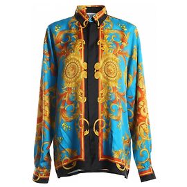 Gianni Versace Herrenhemd Seide Barock-Muster Blau Gelb Schwarz Rot Blau Gelb