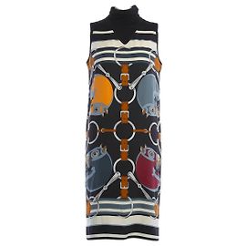 Robe sans manches Hermès motif cheval en soie et cachemire Marron Noir Blanc Multicolore