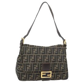 FENDI Zucca Canvas Mamma Baguette Shoulder Bag Black Brown Auth 181871M Marron Noir