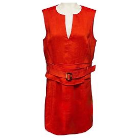 Vestido mini de lin com decote em V e cinto Clay Sadira de Veronica Beard Laranja