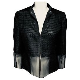 Akris Black Sheer Grid Pattern Silk Jacket with Lambskin Leather Trim Black