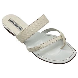 Manolo Blahnik White Python Skin Leather Flat Slide Sandals White