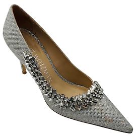 Stuart Weitzman Silver Crystal Embellished Glitter Pumps Silvery