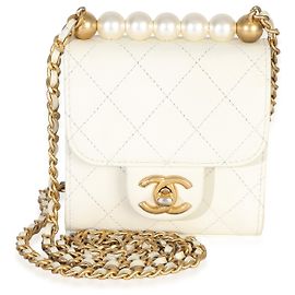 Pochette Chanel White Lambskin Quilted Chic Pearls On Chain Blanc