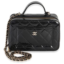 Chanel Black Quilted Patent Top Handle Vanity With Chain Black