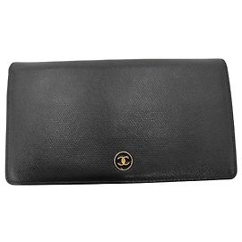 Chanel CC Logo Zipper Long Bifold Leather Black
