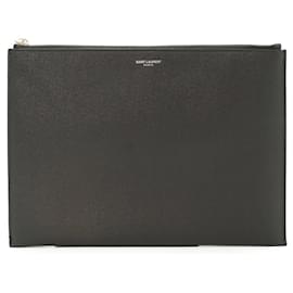 Yves Saint Laurent Black Grain de Poudre Leather Zipped Clutch Pouch Bag Black