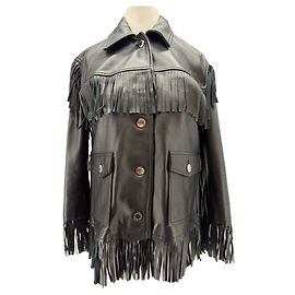 Sandro Giacca in pelle nera con frange Nero