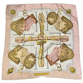 Hermès Lenço de seda Selles à Housse Rosa Bege Dourado Cinza