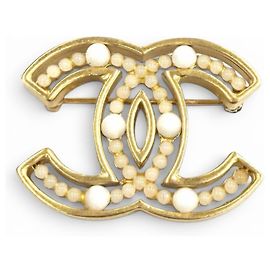 Broche Chanel Vintage 02A Coco Mark Design Blanco Dorado