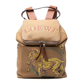 Mochila LOEWE Paulas Ibiza Large de couro marrom com estampa de Leão e Flores Goya Marrom Camelo