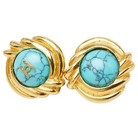 Brincos de clip Chanel Ouro e Turquesa Dourado Turquesa