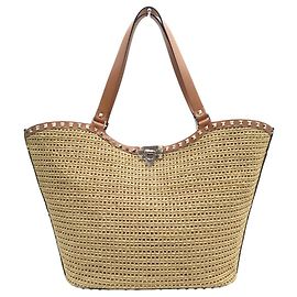 BOLSA TOTE VALENTINO ROCKSTUD EM RAFIA & COURO Bege