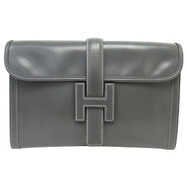 Hermès VINTAGE HERMES POCHETTE JIGE 29 CM BOX LEATHER GREY POUCH BAG Grey