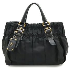 Prada Gathered Nylon Leather Tote Bag Black