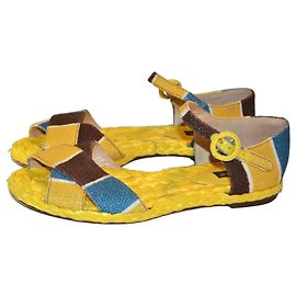 Dolce & Gabbana Patterned Straw and Fabric Sandals Brown Blue Yellow