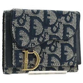 Cartera tríptico Christian Dior Trotter Canvas Saddle Navy Gold Auth 181569V Dorado Azul marino