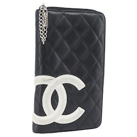 CHANEL Matelasse Cambon Line Geldbörse aus Leder Schwarz Silber CC Authentisch 181671A Schwarz Silber