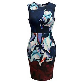 Yigal Azrouel Navy Blue Multi Printed Sleeveless Scuba Stretch Midi Dress Navy blue
