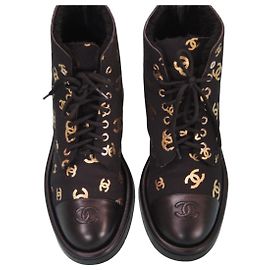 Chanel Black Canvas and Leather CC Logo Boots Black Golden