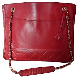Chanel Quilted Red Leather Tote Bag Red