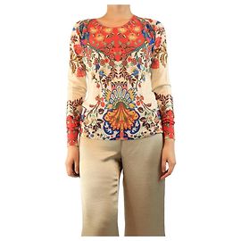 Etro Feinstrick-Oberteil mit Blumenmuster in Creme - Größe UK 14 Roh