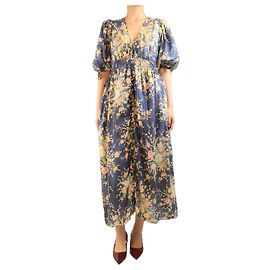 Zimmermann Blaues Leinenkleid mit Blumenmuster und elastischem Bund - Größe 14 Blau