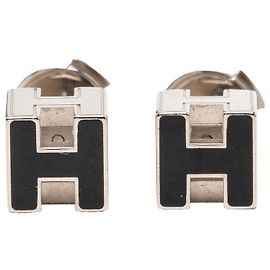 Hermès Cage D H Ohrstecker aus versilbertem Palladium mit Emaille Silber