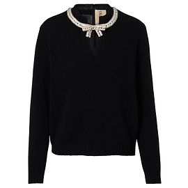 Valentino Schwarzer Wollpullover mit Perlenbesatz und Schleife Schwarz