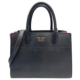 Prada Saffiano Bibliotheque Leather Handbag Black Red
