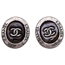 Chanel Black and Silver Clip Earrings Black Silvery