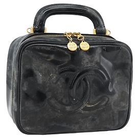 CHANEL COCO Mark Vanity Hand Bag Patent leather Black Gold CC Auth 181661 Negro Dorado
