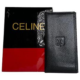 Céline Vintage Celine Leather Wallet Black Gold Black