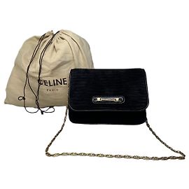 Céline Vintage Celine Leather Chain Shoulder Bag Black Gold Black