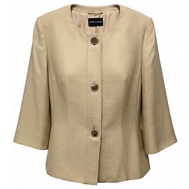 Rena Lange Champagne Beige Collarless Button Front Silk Blazer Jacket Beige