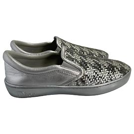 Christian Dior Tênis Slip-On de Couro Trançado Prateado Prata