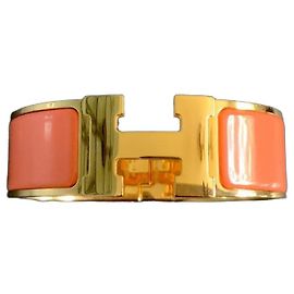 Hermès Pulseira Collier de Chien - Metal Dourado e Esmalte Peach Melba Dourado Coral