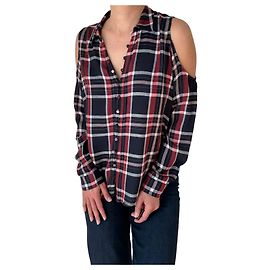 Paige Jeans PAIGE Plaid Cold Shoulder Button-Up Shirt White Red Grey Dark blue