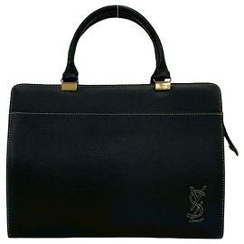 Yves Saint Laurent Vintage Logo Leather Handbag Black
