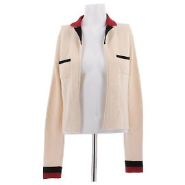 Chanel Cardigan creme mit rotem Kragen S Beige