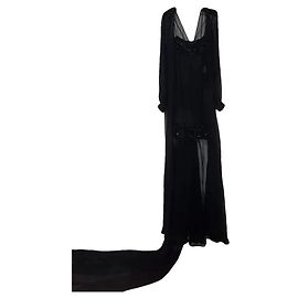 Versace Abito Maxi Trasparente Nero con Perline e Mantella Nero