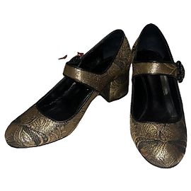 Etro Gold Brocade Mary Jane Block Heels Golden