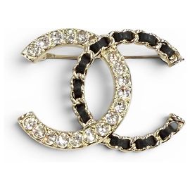 Chanel Coco Mark Rhinestone Brooch Black Golden