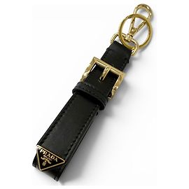 Chaveiro com placa de logotipo triângulo em couro Prada Preto
