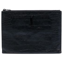 Saint Laurent Black Croc Embossed Leather Monogram Document Holder Black