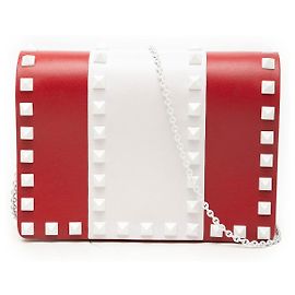 Valentino Red Leather Colorblock Rockstud Wallet On Chain Red
