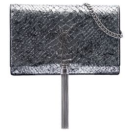 Saint Laurent Silver Python Embossed Metallic Leather Classic Monogram Kate Tassel Wallet on Chain Silvery